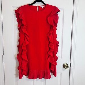 TCEC Red Ruffle Mini Dress with Accordion Pleats along Hemlines and sleeves